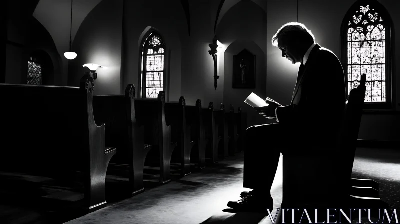 Pensive Moment in Church Monochrome AI Image