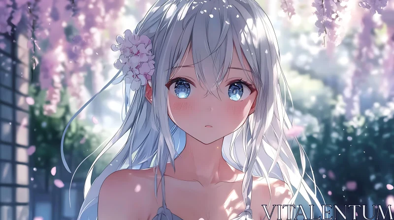 Melancholic Anime Girl with Floral Hairpiece AI Image