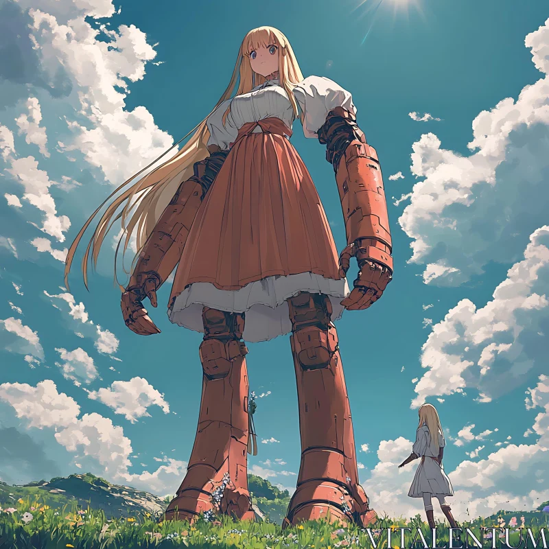 Mechanical Anime Giant Overlooking a Verdant Field AI Image