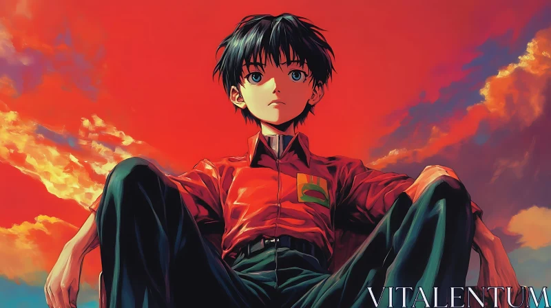 Anime Character with Black Hair and Red Shirt AI Image