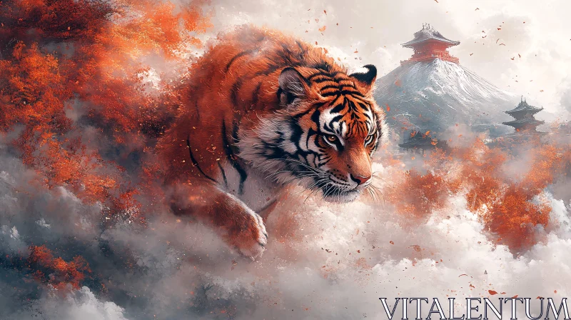 Tiger Leaping Through Clouds Painting AI Image