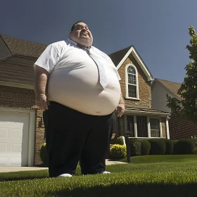 Overweight Man in Front of House