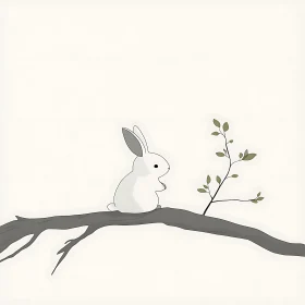 Minimalist Rabbit Illustration on a Branch