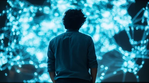 Figure Contemplating Luminous Data Connections