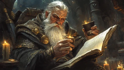 Enigmatic Wizard Reading by Candlelight