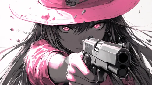 Anime Girl Pointing Gun with Intense Pink Eyes