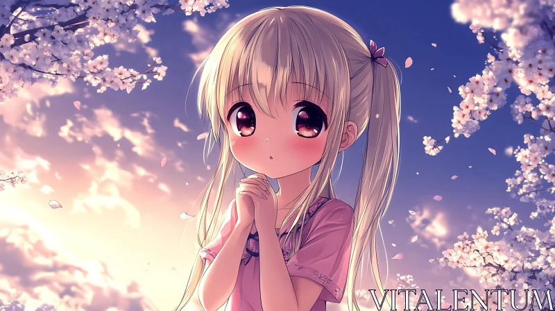 AI ART Cute Anime Girl in Pink Dress with Cherry Blossoms