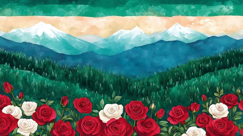 Mountain Forest and Roses Art