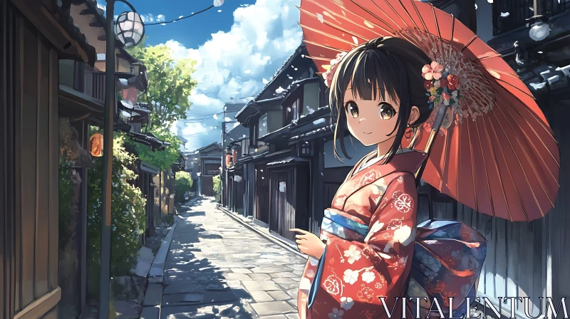 Anime Character in Traditional Kimono on Japanese Street AI Image