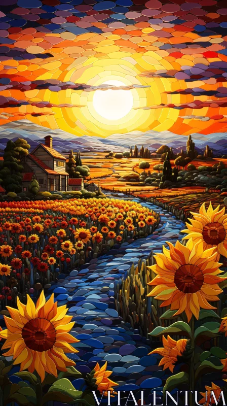 AI ART Radiant Sunflowers: A Sunset River View