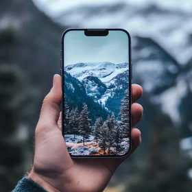 Winter Mountain View Through Phone Screen