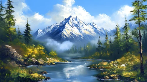 Snowy Mountain and River Scenery