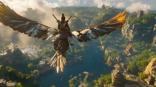 Winged Warrior Over Ancient Landscape