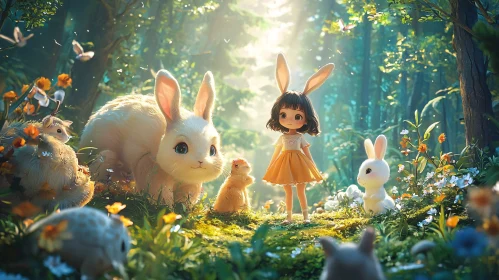Whimsical Forest Scene with Bunnies