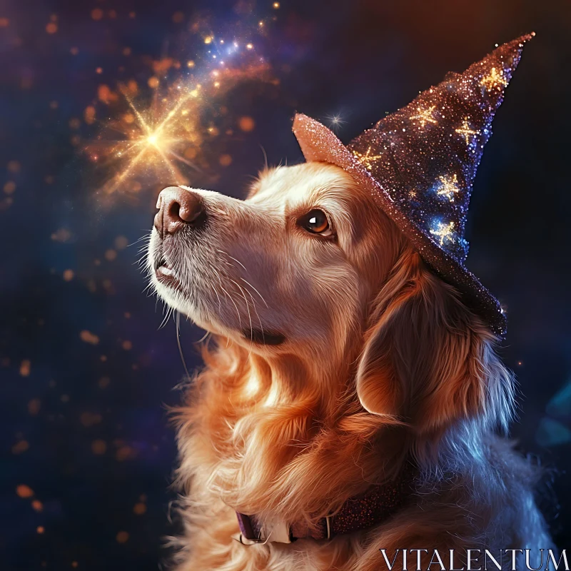 Dog in Wizard Hat with Magic Light AI Image