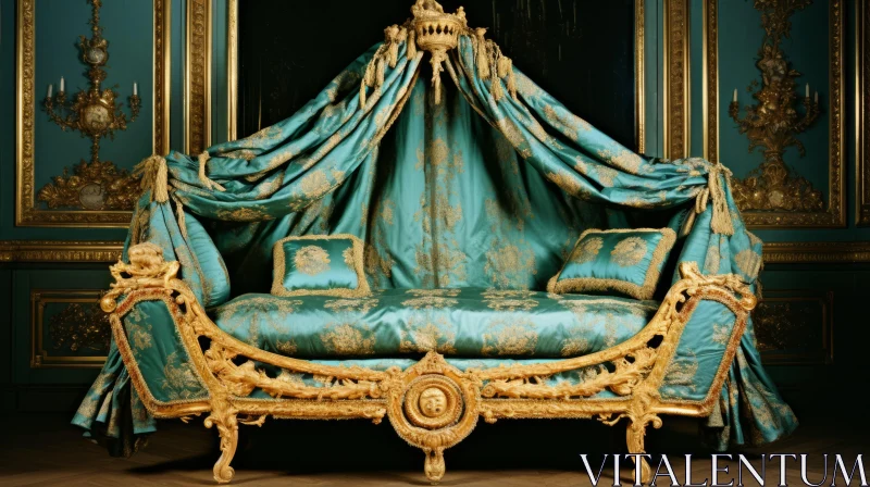 Luxuriant Blue and Gold Ornate Bed - A Testament to Grandeur AI Image
