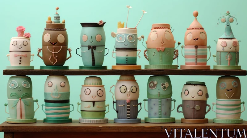 Whimsical Pastel-Toned Pots with Personalities - Artistic Shelf Display AI Image