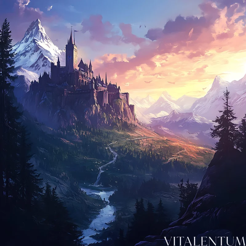 Mountain Castle with River View AI Image