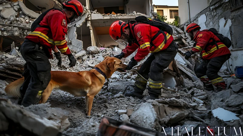 Emergency Team with Dog Amidst Debris AI Image