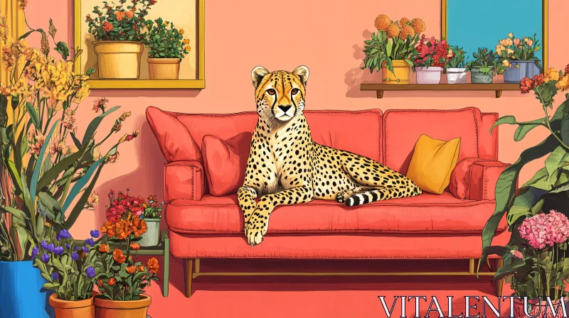 Elegant Cheetah in a Floral Interior AI Image