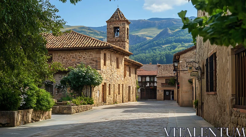 Idyllic Village Scene with Stone Architecture AI Image