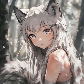 Anime Girl with Silver Hair and Fox Ears in Serenity