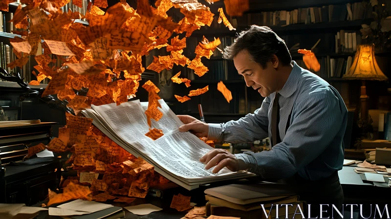 Office Reading Man Surrounded by Papers AI Image