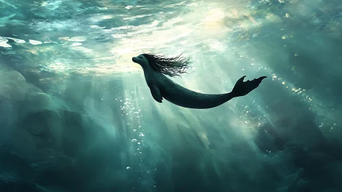 Mystical Seal with Hair in Ocean Depths