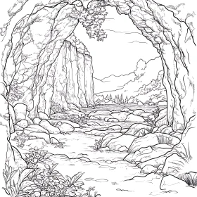 Cave Opening with Rocky Path and Trees Illustration