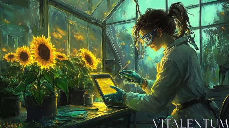 Scientist Analyzing Sunflowers in Greenhouse AI Image