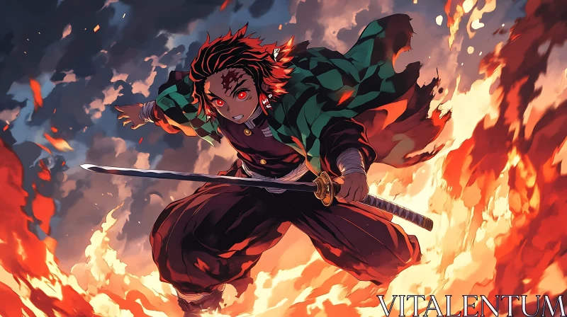 AI ART Fiery Anime Battle with Warrior