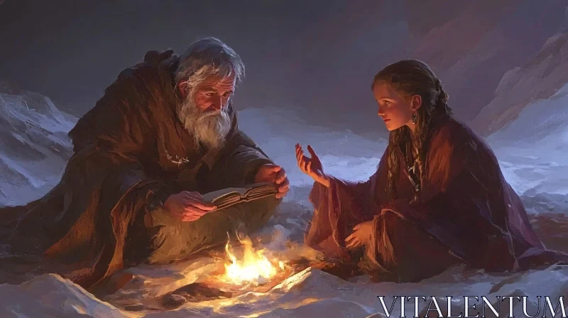 Fireside Storytelling in Winter Landscape AI Image