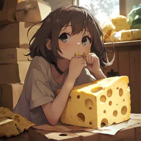 Cute Anime Girl Eating Cheese