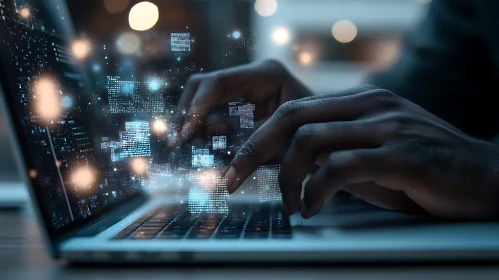 Typing on Laptop with Data Overlay
