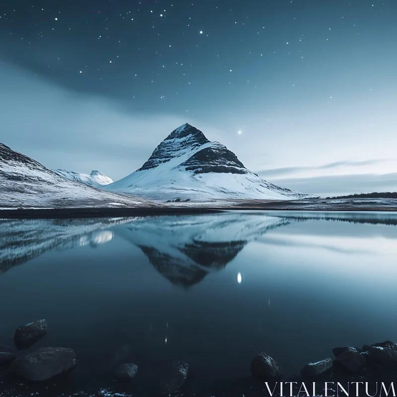 Still Lake Reflecting Snowy Mountain at Night AI Image