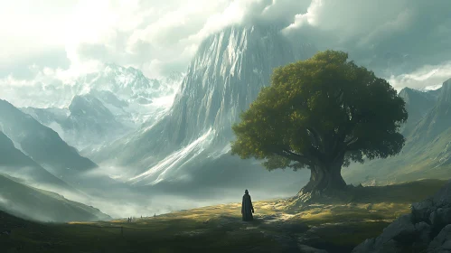 Mountain Vista with Lone Figure and Tree