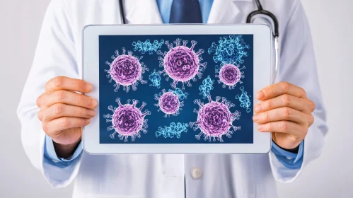 Doctor Holding Tablet with Virus Illustration