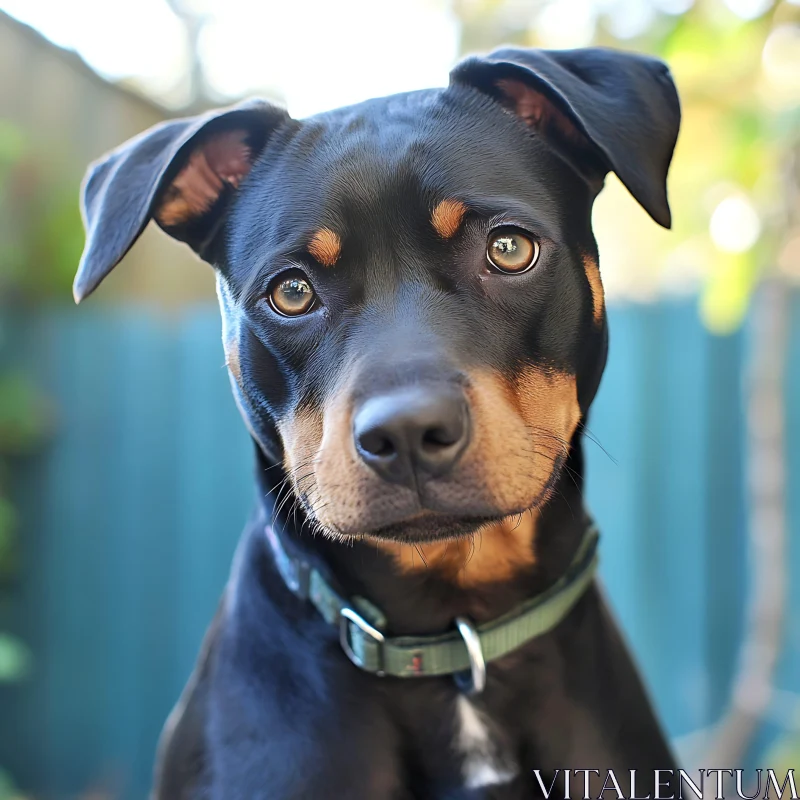 Close-up of a Black Dog with Brown Markings and Green Collar AI Image