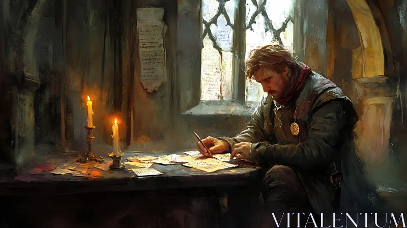 Man Writing by Candle in Medieval Room AI Image