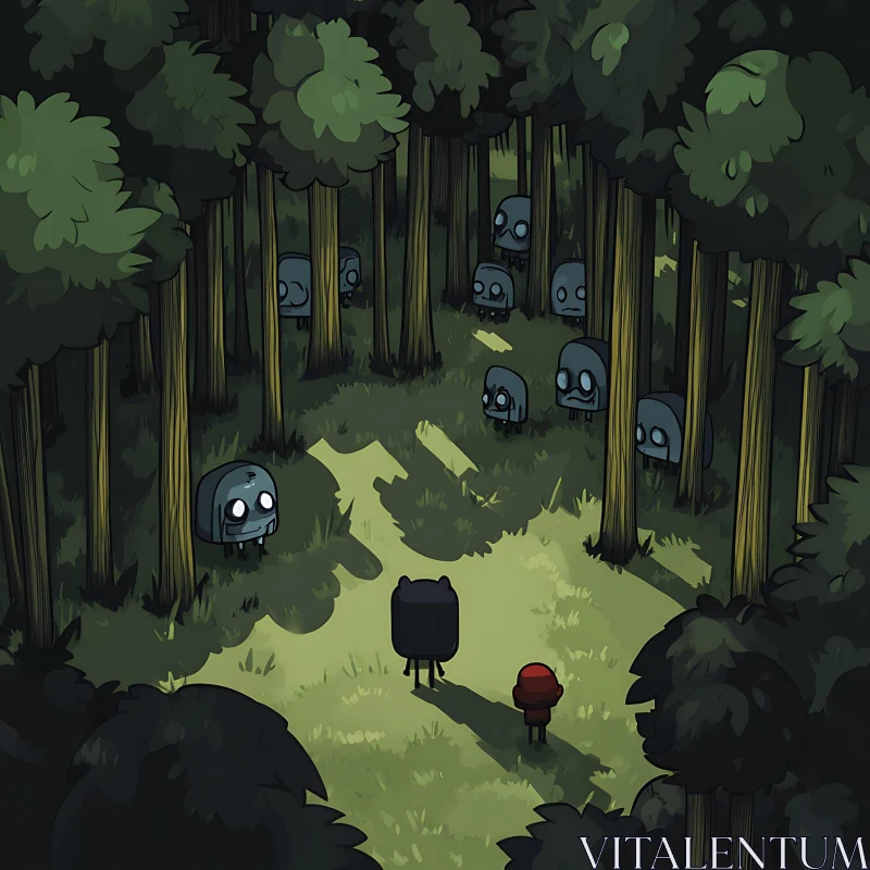 Spooky Forest Scene with Cartoon Zombies AI Image