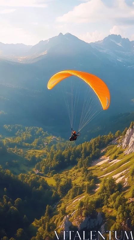 Soaring Paraglider in Serene Mountain Setting AI Image