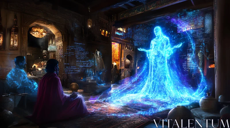 Enigmatic Hologram Display In Old Ritual Room AI Image