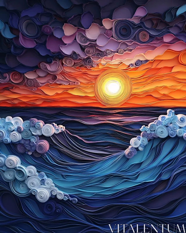 Tranquil Sunset Paper Art AI Image