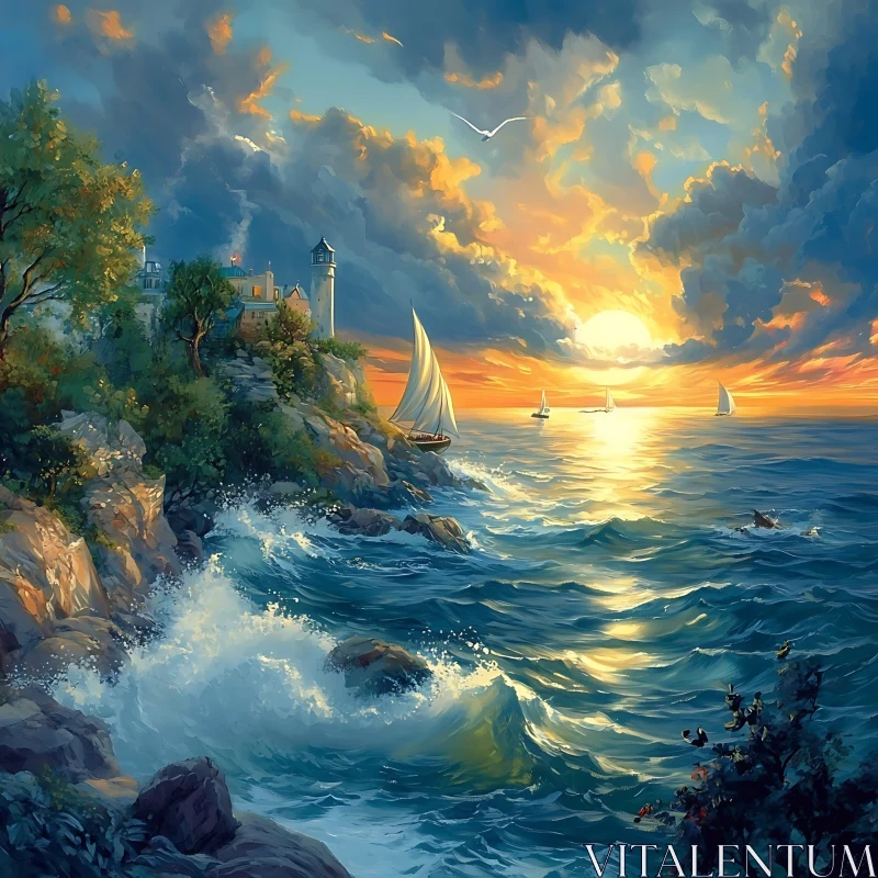 Sunset Over the Ocean with Sailboats AI Image