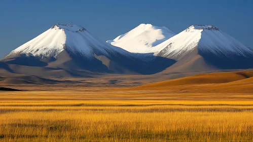 Snow Mountains and Golden Meadow Landscape