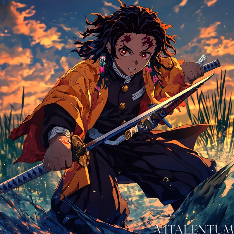 Anime Samurai in Marshland Sunset AI Image