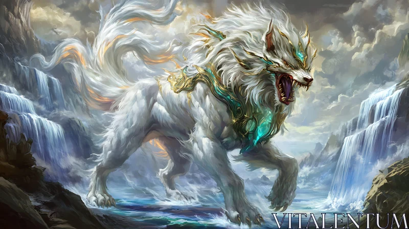 AI ART Enchanted Wolf by the Waterfall