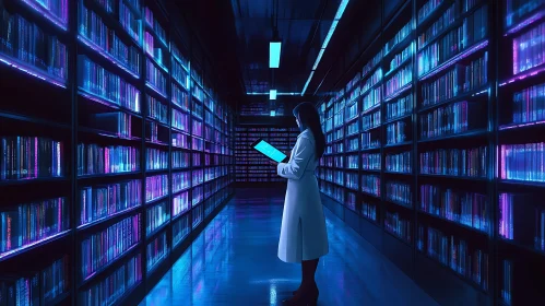 Woman with Tablet in Neon Library