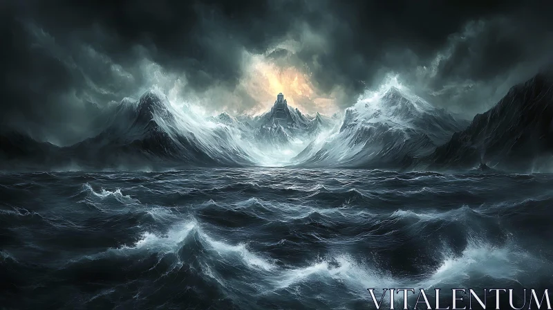 Gloomy Sea and Mountain Peak Structure AI Image