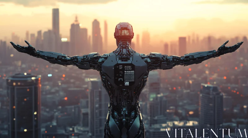 Modern Cyborg in Sunset Cityscape AI Image